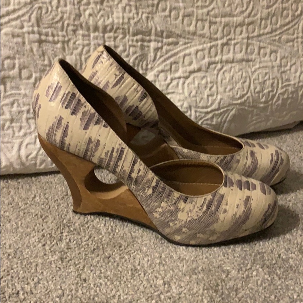 Anthropologie snakeskin and wood block wedge heel